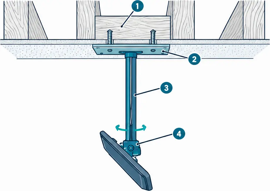 Diagram: side section of a ceiling TV mount on a drop pole fixed to a joist