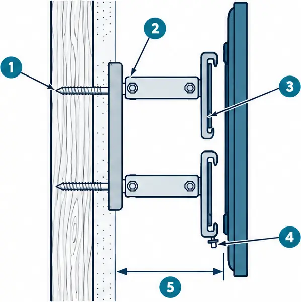 Diagram: side section of a fixed low-profile TV mount lag-bolted into a wood stud