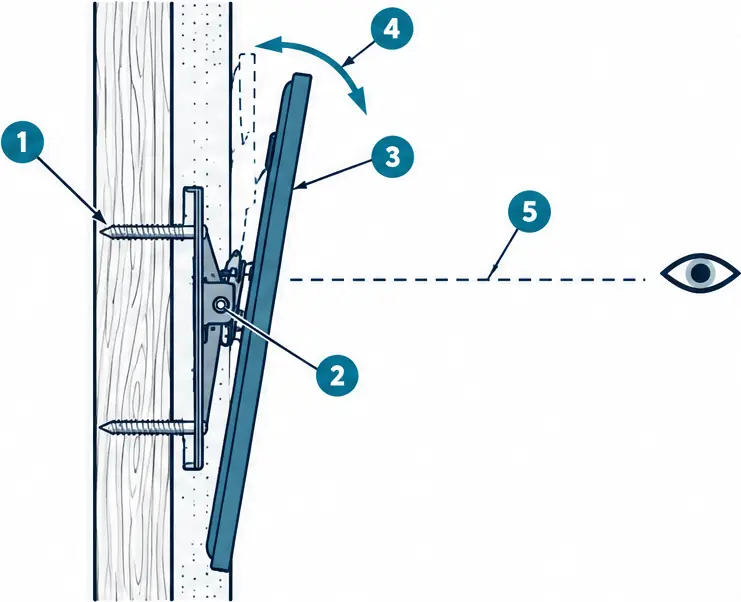 Diagram: side section of a tilting TV mount angling the screen down